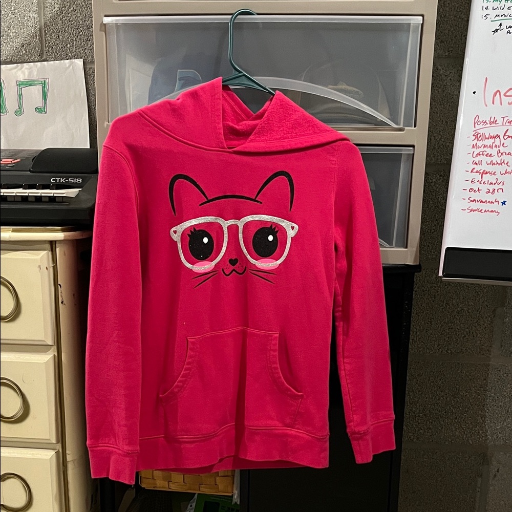 Pink Hoodie with Cat and Glasses Design